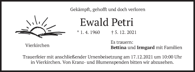  Traueranzeige für Ewald Petri vom 11.12.2021 aus merkurtz