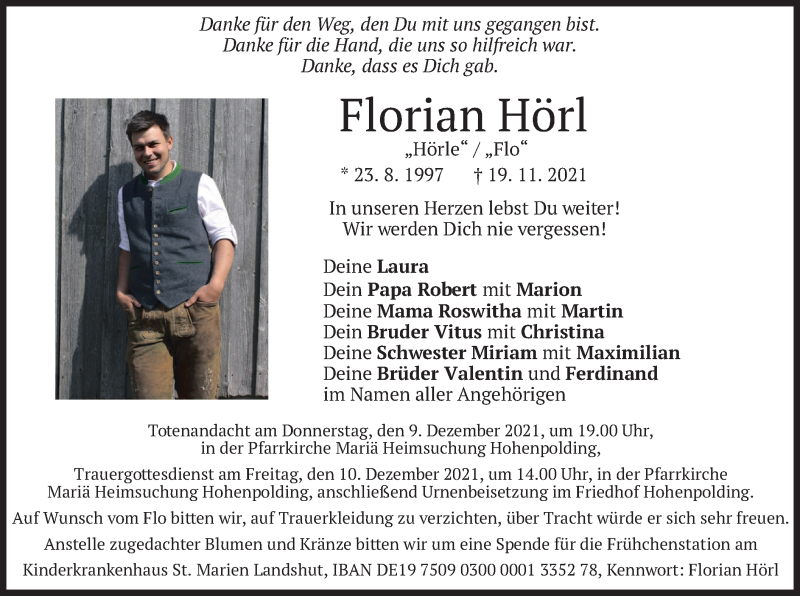  Traueranzeige für Florian Hörl vom 04.12.2021 aus merkurtz
