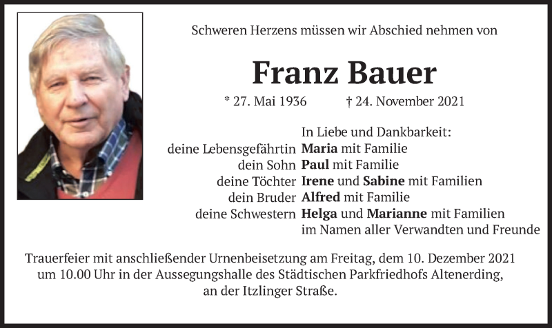  Traueranzeige für Franz Bauer vom 09.12.2021 aus merkurtz