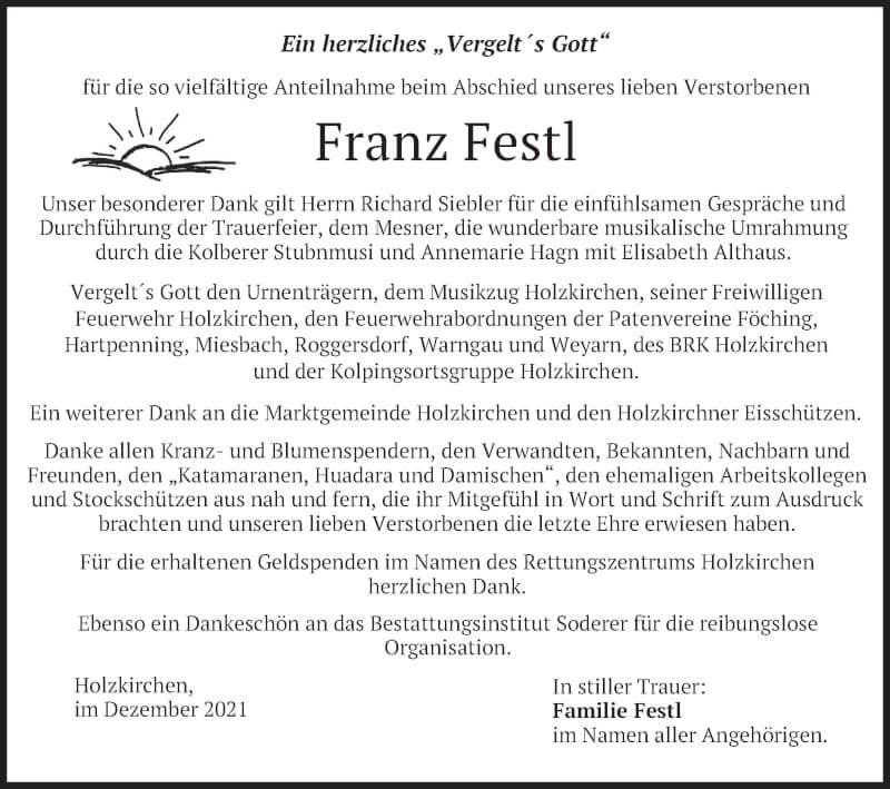 Traueranzeige für Franz Festl vom 18.12.2021 aus merkurtz