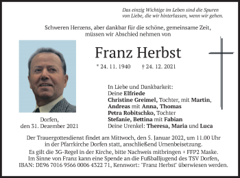 Traueranzeige von Franz Herbst von merkurtz