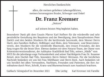 Traueranzeige von Franz Kremser von merkurtz