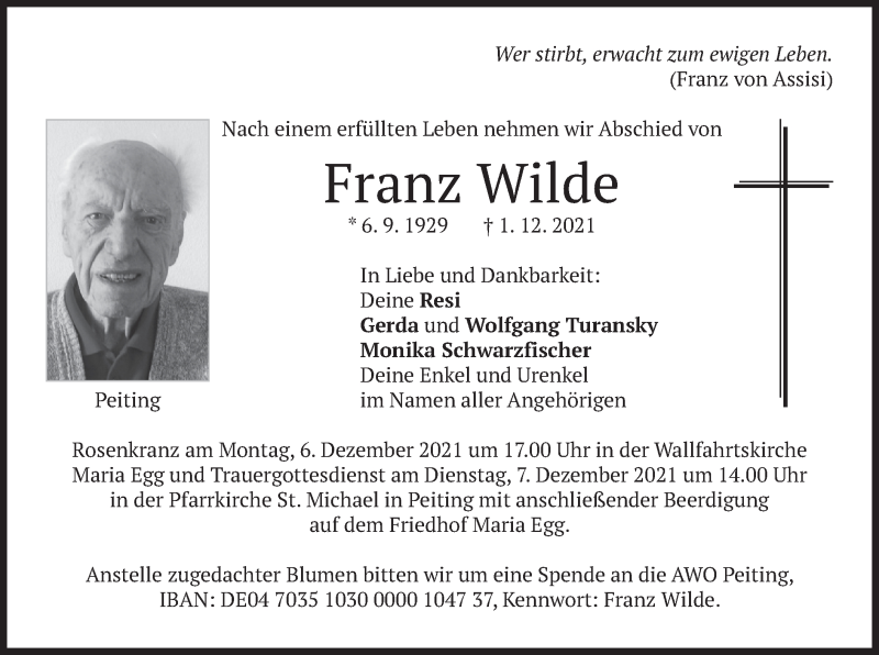  Traueranzeige für Franz Wilde vom 03.12.2021 aus merkurtz
