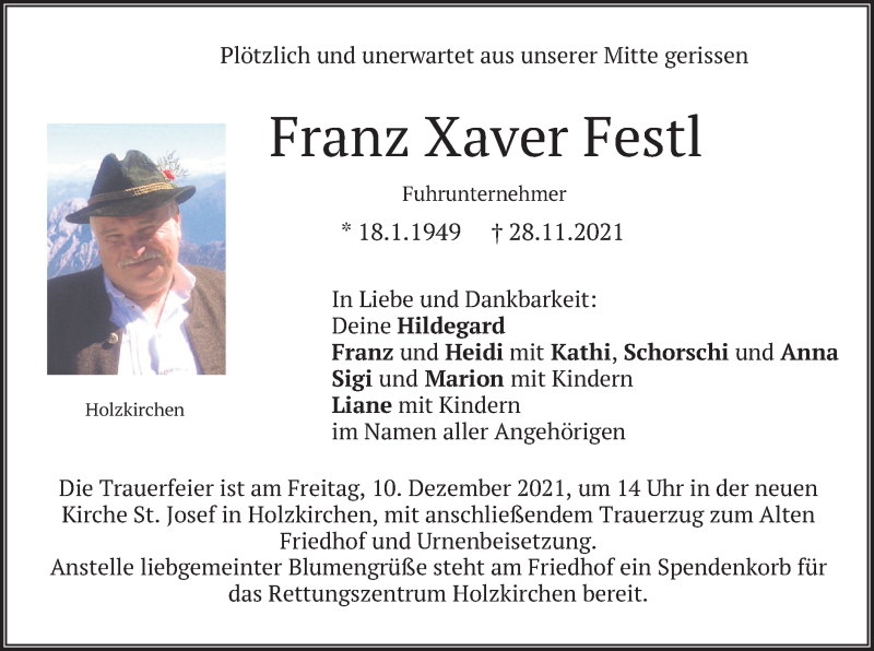  Traueranzeige für Franz Xaver Festl vom 04.12.2021 aus merkurtz
