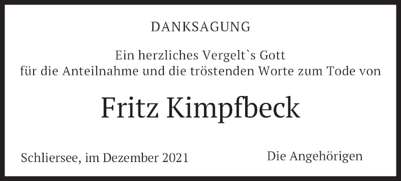  Traueranzeige für Fritz Kimpfbeck vom 18.12.2021 aus merkurtz