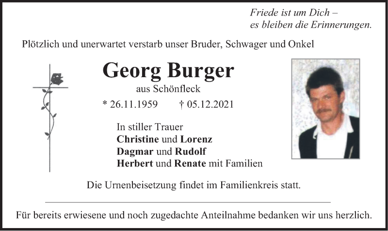  Traueranzeige für Georg Burger vom 09.12.2021 aus merkurtz
