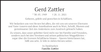 Traueranzeige von Gerd Zattler von merkurtz