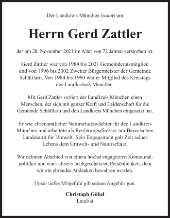 Traueranzeige von Gerd Zattler von merkurtz