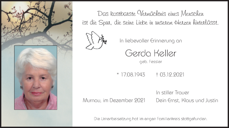  Traueranzeige für Gerda Keller vom 31.12.2021 aus merkurtz