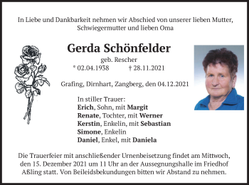 Traueranzeige von Gerda Schönfelder von merkurtz