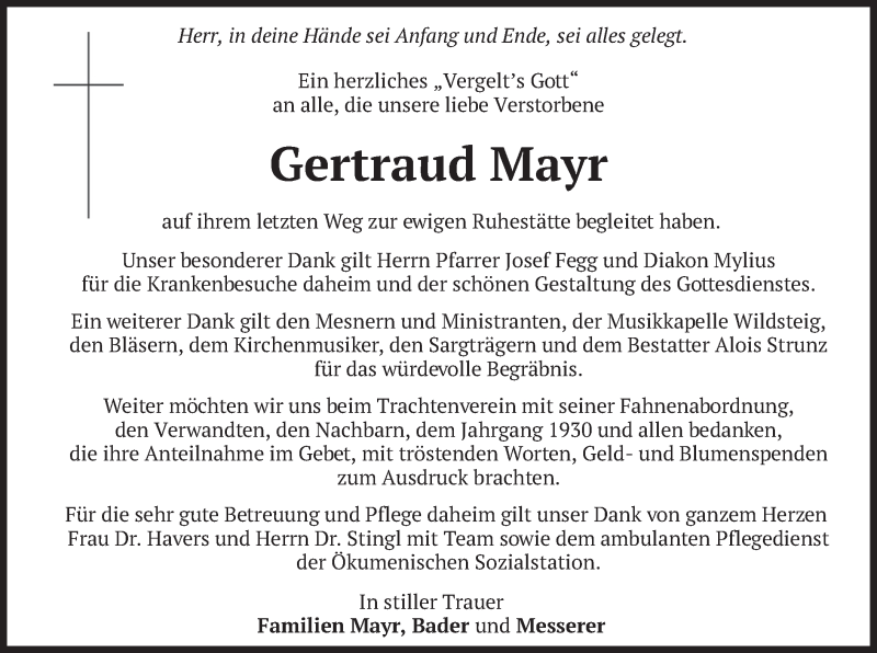  Traueranzeige für Gertraud Mayr vom 01.12.2021 aus merkurtz