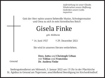 Traueranzeige von Gisela Finke von merkurtz