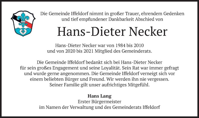  Traueranzeige für Hans-Dieter Necker vom 10.12.2021 aus merkurtz