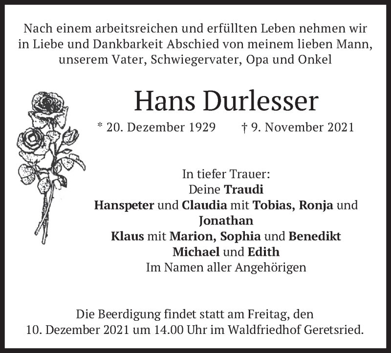  Traueranzeige für Hans Durlesser vom 04.12.2021 aus merkurtz