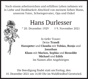 Traueranzeige von Hans Durlesser von merkurtz