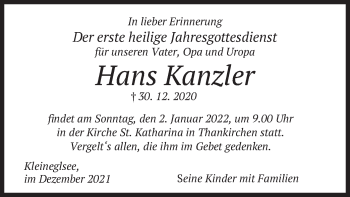 Traueranzeige von Hans Kanzler von merkurtz