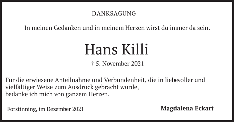  Traueranzeige für Hans Killi vom 11.12.2021 aus merkurtz