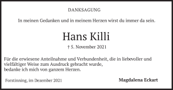 Traueranzeige von Hans Killi von merkurtz