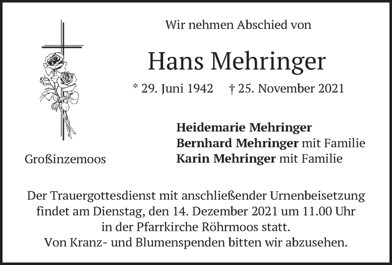  Traueranzeige für Hans Mehringer vom 11.12.2021 aus merkurtz