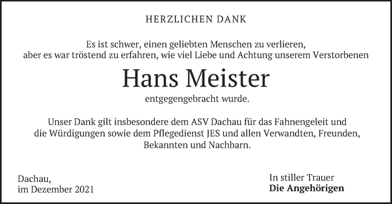  Traueranzeige für Hans Meister vom 11.12.2021 aus merkurtz