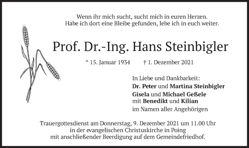  Traueranzeige für Hans Steinbigler vom 04.12.2021 aus merkurtz