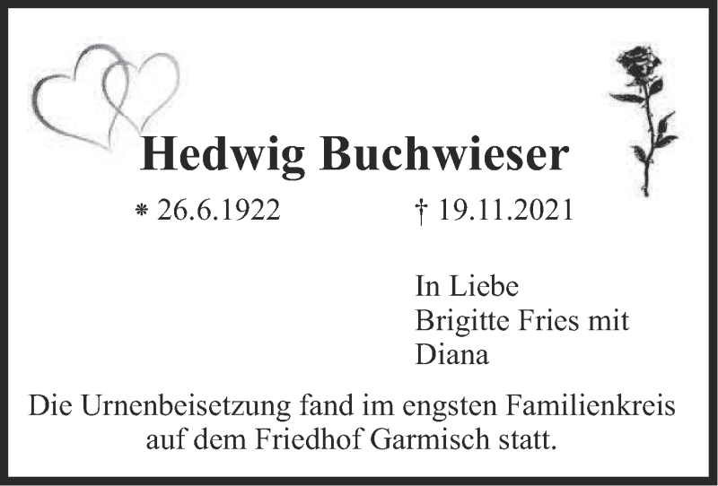  Traueranzeige für Hedwig Buchwieser vom 04.12.2021 aus merkurtz