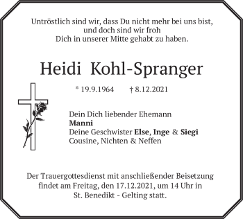 Traueranzeige von Heidi Kohl-Spranger von merkurtz