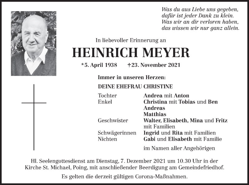  Traueranzeige für Heinrich Meyer vom 04.12.2021 aus merkurtz