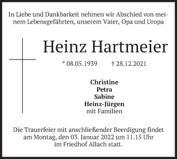 Traueranzeige von Heinz Hartmeier von merkurtz