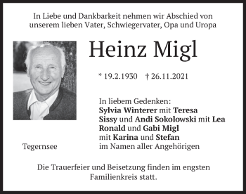 Traueranzeige von Heinz Migl von merkurtz