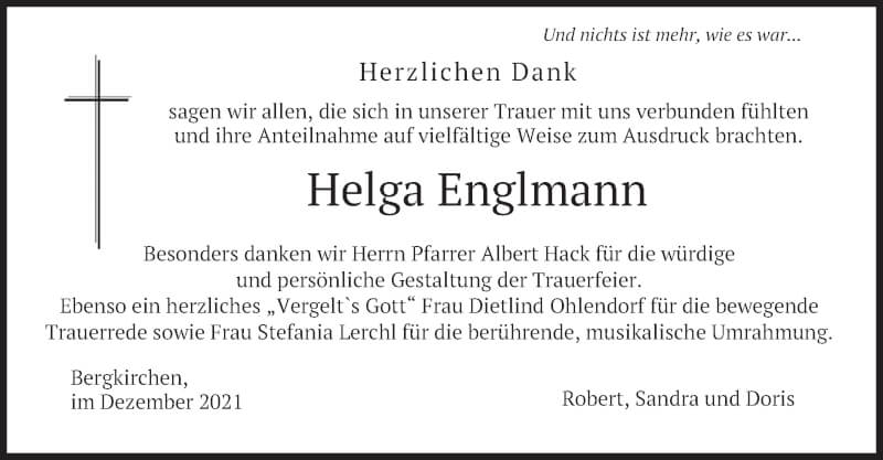  Traueranzeige für Helga Englmann vom 18.12.2021 aus merkurtz