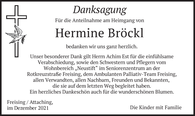  Traueranzeige für Hermine Bröckl vom 08.12.2021 aus merkurtz