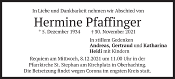 Traueranzeige von Hermine Pfaffinger von merkurtz