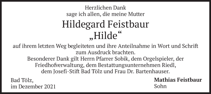  Traueranzeige für Hildegard Feistbaur vom 31.12.2021 aus merkurtz