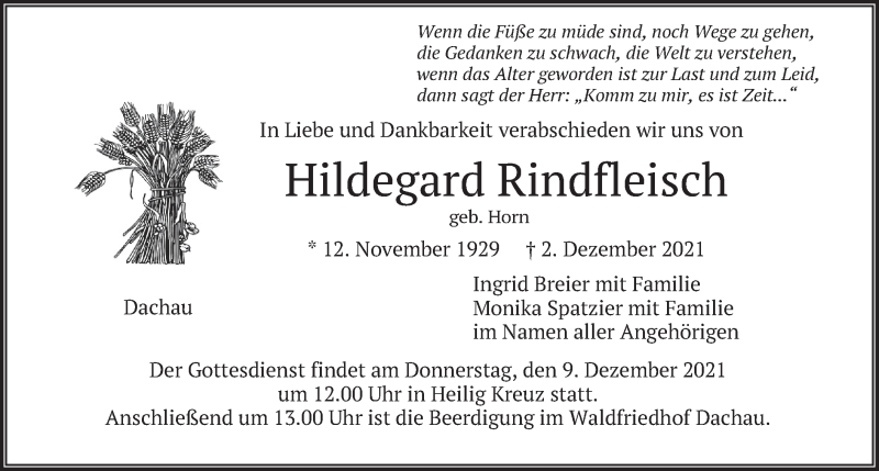  Traueranzeige für Hildegard Rindfleisch vom 04.12.2021 aus merkurtz