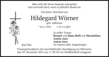 Traueranzeige von Hildegard Wörner von merkurtz