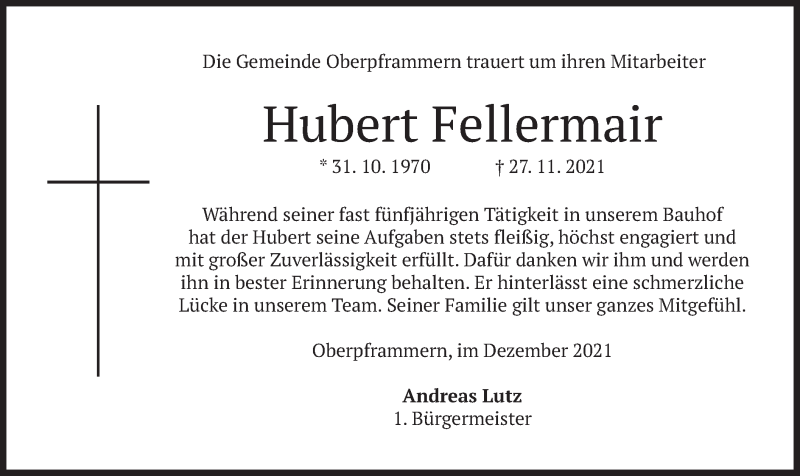  Traueranzeige für Hubert Fellermair vom 16.12.2021 aus merkurtz
