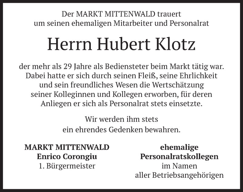  Traueranzeige für Hubert Klotz vom 10.12.2021 aus merkurtz