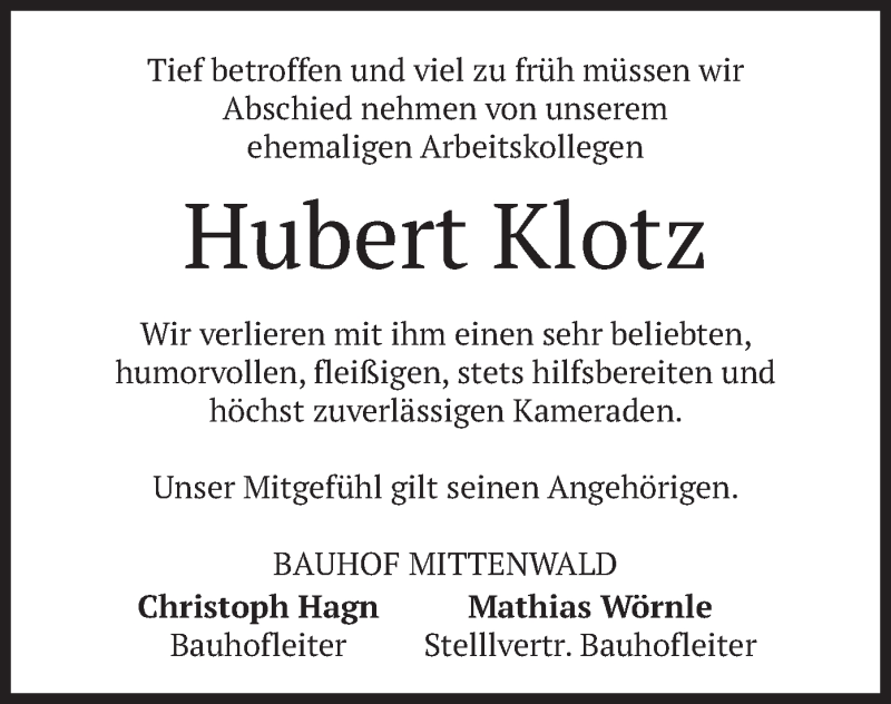  Traueranzeige für Hubert Klotz vom 10.12.2021 aus merkurtz
