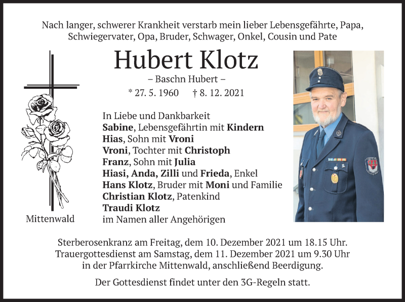  Traueranzeige für Hubert Klotz vom 09.12.2021 aus merkurtz