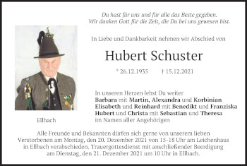 Traueranzeige von Hubert Schuster von merkurtz
