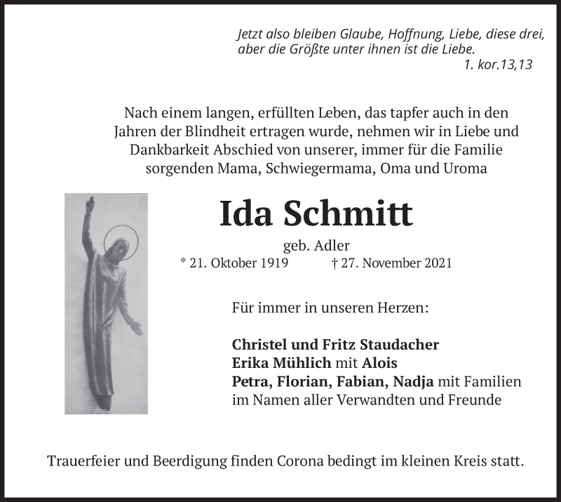  Traueranzeige für Ida Schmitt vom 01.12.2021 aus merkurtz