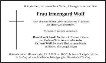 Traueranzeige von Irmengard Wolf