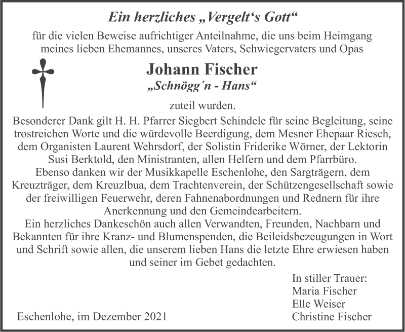  Traueranzeige für Johann Fischer vom 11.12.2021 aus merkurtz