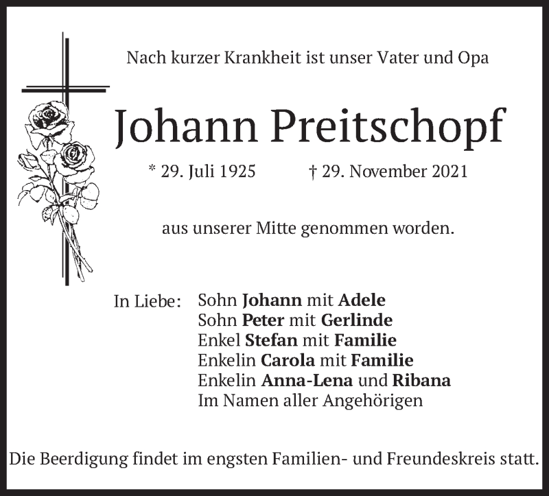  Traueranzeige für Johann Preitschopf vom 04.12.2021 aus merkurtz