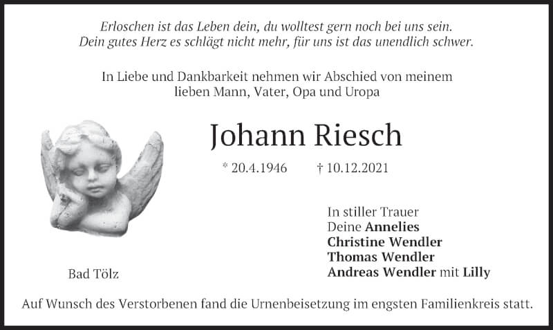  Traueranzeige für Johann Riesch vom 18.12.2021 aus merkurtz