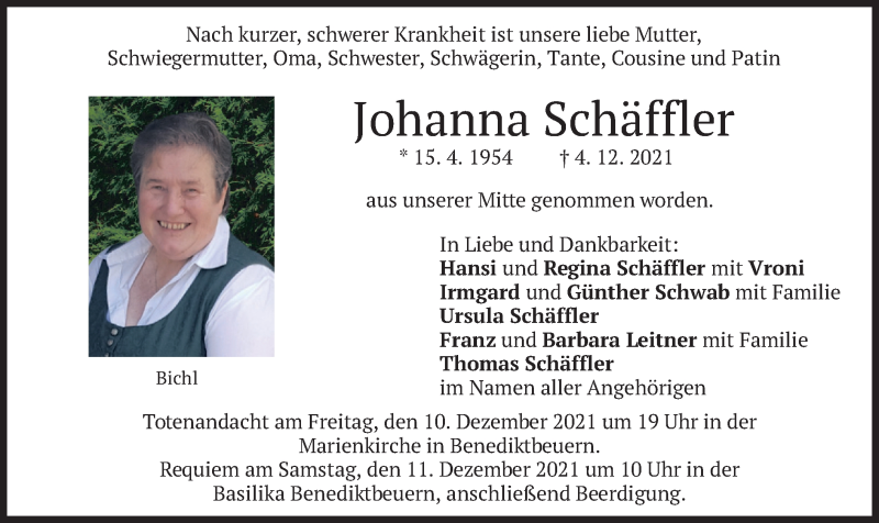  Traueranzeige für Johanna Schäffler vom 09.12.2021 aus merkurtz