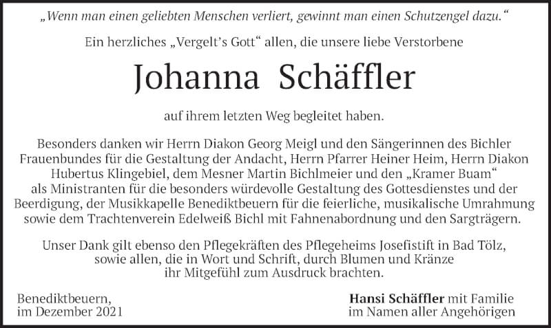  Traueranzeige für Johanna Schäffler vom 18.12.2021 aus merkurtz