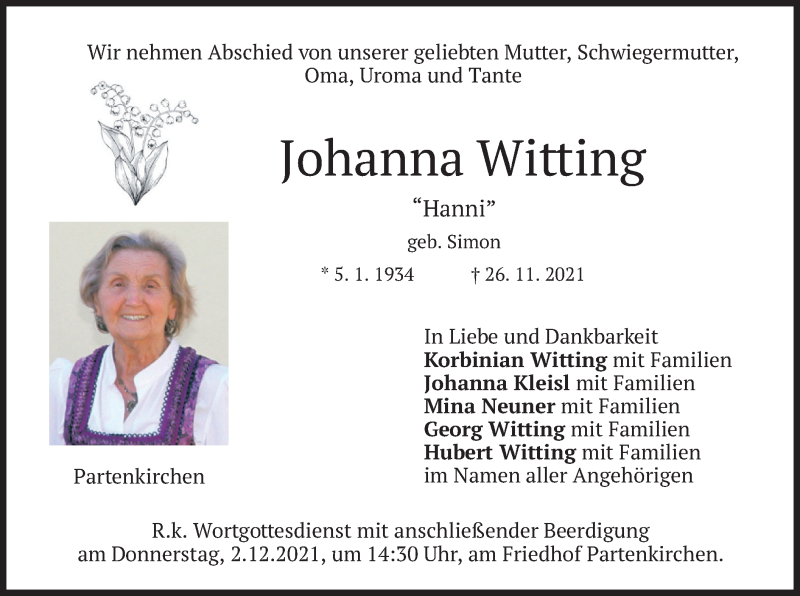  Traueranzeige für Johanna Witting vom 01.12.2021 aus merkurtz