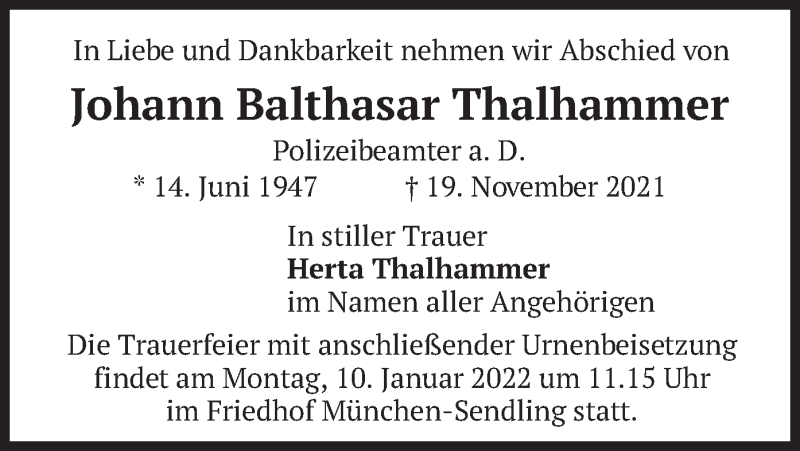  Traueranzeige für Johann Balthasar Thalhammer vom 31.12.2021 aus merkurtz